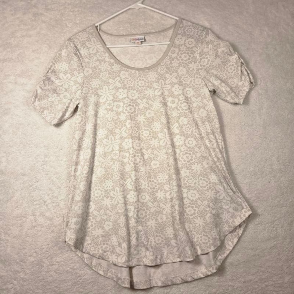 LuLaRoe Womens XS Tunic Top Short Sleeve Lace Floral Print Gray White